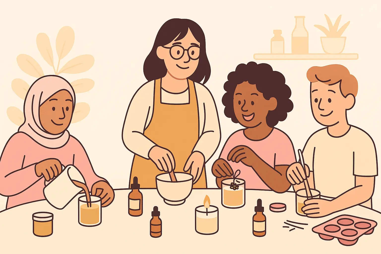 illustration d'un ateliers de groupes de creation d'objet de la maison fait main a base de produits sains et naturels